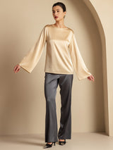 [Champagne] SilkSilky-CA Long Sleeve Boat Neck Blouse 008