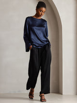 [Dark Blue] SilkSilky-CA Long Sleeve Boat Neck Blouse 004
