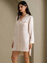 [Beige] SilkSilky-CA Long Sleeve Lapel Collar Nightshirt 001