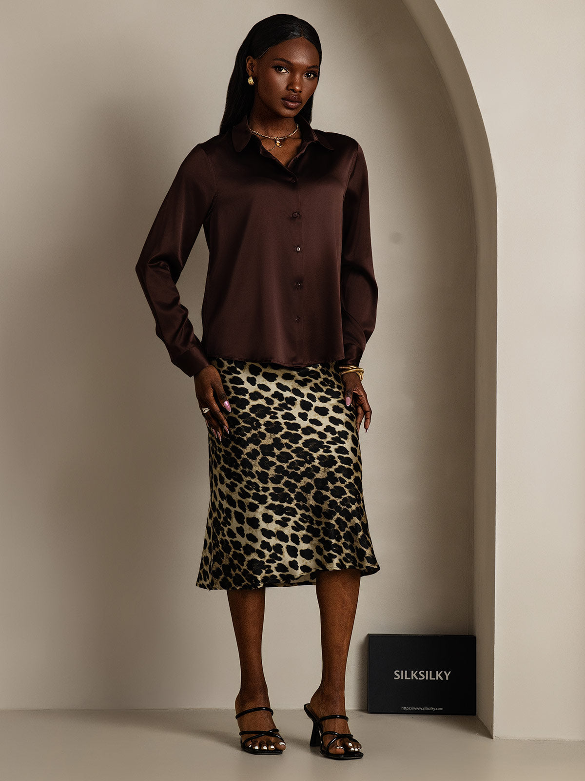 [Bitter Chocolate] SilkSilky-CA 19Momme Stretch Silk Charmeuse Long Sleeve Lapel Collar Women's Shirt 006