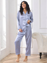 [Steel Blue] SilkSilky-CA Long Sleeve Lapel Collar Women's Pajamas 001