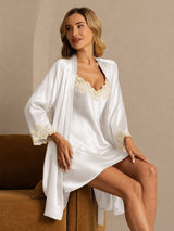 [White] SilkSilky-CA 3/4 Sleeve V Neck Nightgown&Robe Set 004
