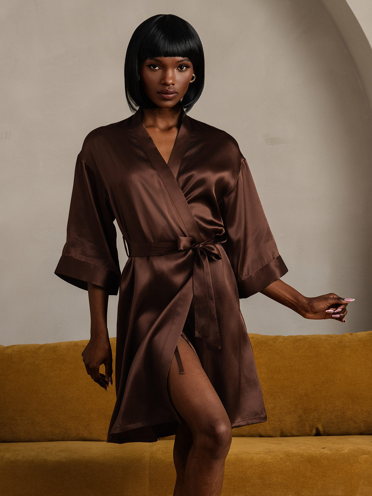 [Coffee] SilkSilky-CA Pure Silk Half Sleeve Womens Robe 007