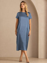 [Real Teal] SilkSilky-CA Short Sleeve Crew Neck Dress 003