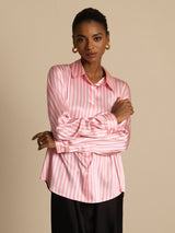 [Pink Stripe] SilkSilky-CA Long Sleeve Lapel Collar Women's Shirt 005