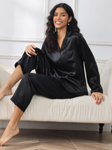 [Black] SilkSilky-CA Long Sleeve Lapel Collar Women's Pajamas 001