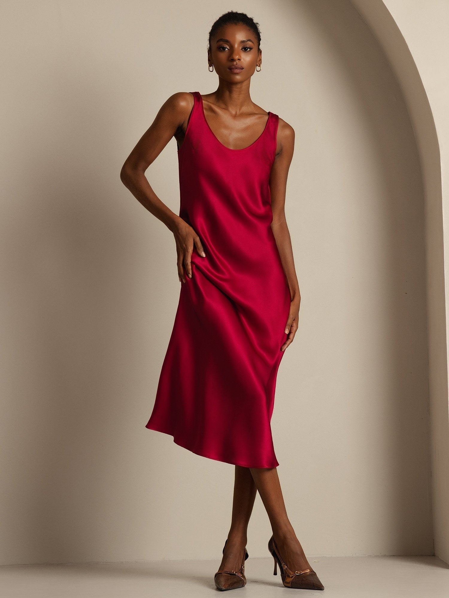 [Wine] SilkSilky-CA Pure Silk Boat Neck Dress 006,