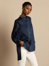 [Dark Blue] SilkSilky-CA 19Momme Stretch Silk Charmeuse Long Sleeve Stand Collar Blouse 005