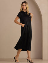 [Black] SilkSilky-CA Short Sleeve Round Neck Dress 001