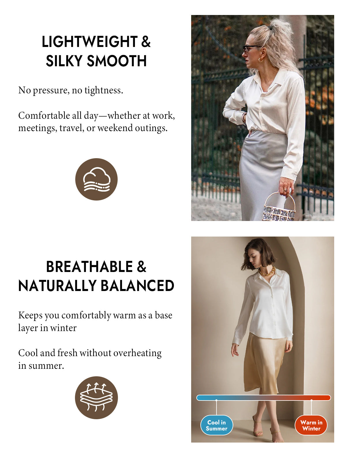 [White] SilkSilky-CA Silk Long Sleeve Lapel Collar Women's Shirt 004