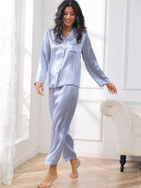 [Steel Blue] SilkSilky-CA Long Sleeve Lapel Collar Women's Pajamas 004