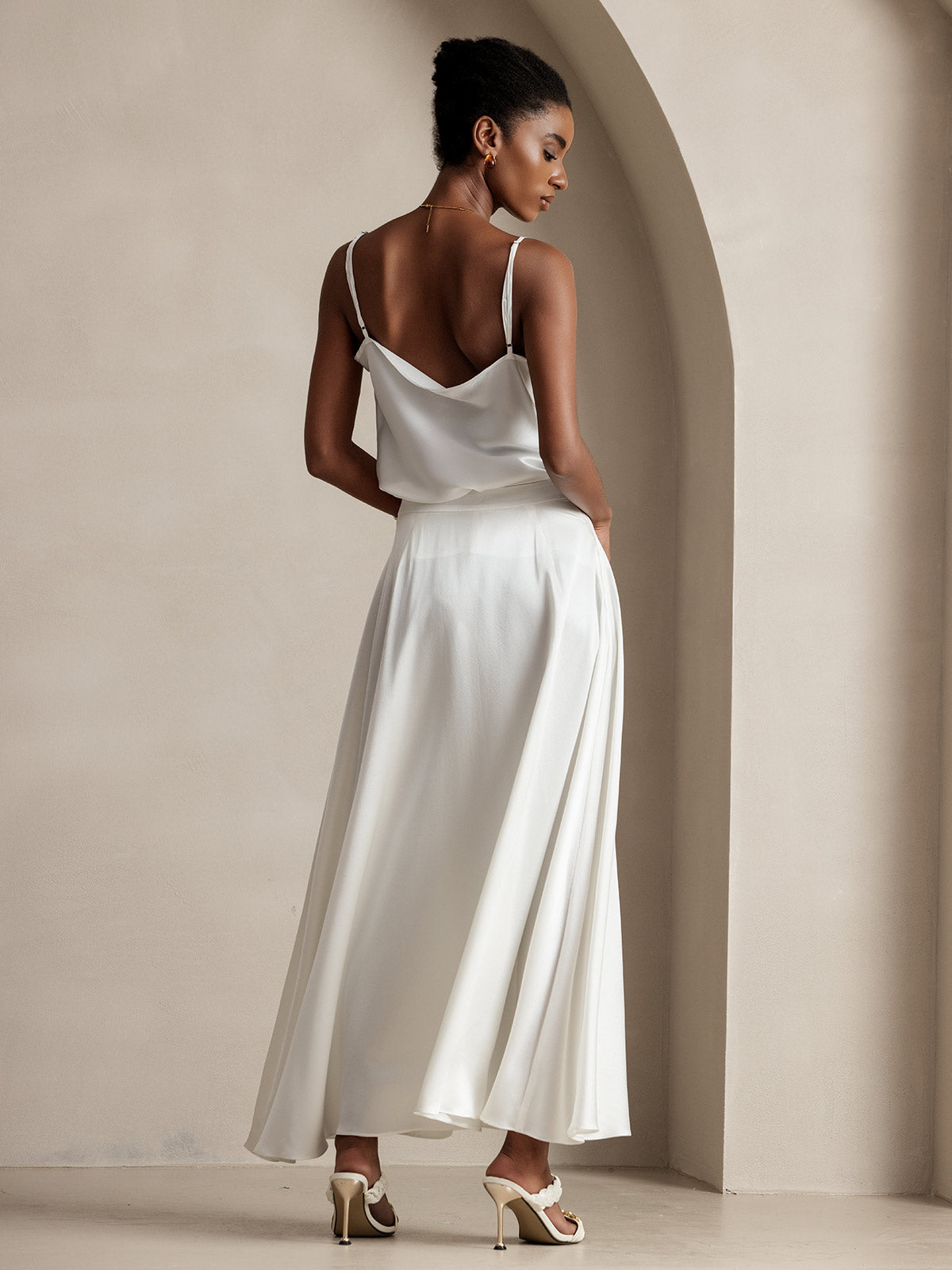 [White] SilkSilky-CA 19Momme Stretch Silk Charmeuse Skirt 002