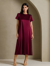 [Dark Red] SilkSilky-CA Short Sleeve Crew Neck Dress 003
