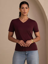 [Wine] SilkSilky-CA Short Sleeve V Neck Women's T-Shirt 004