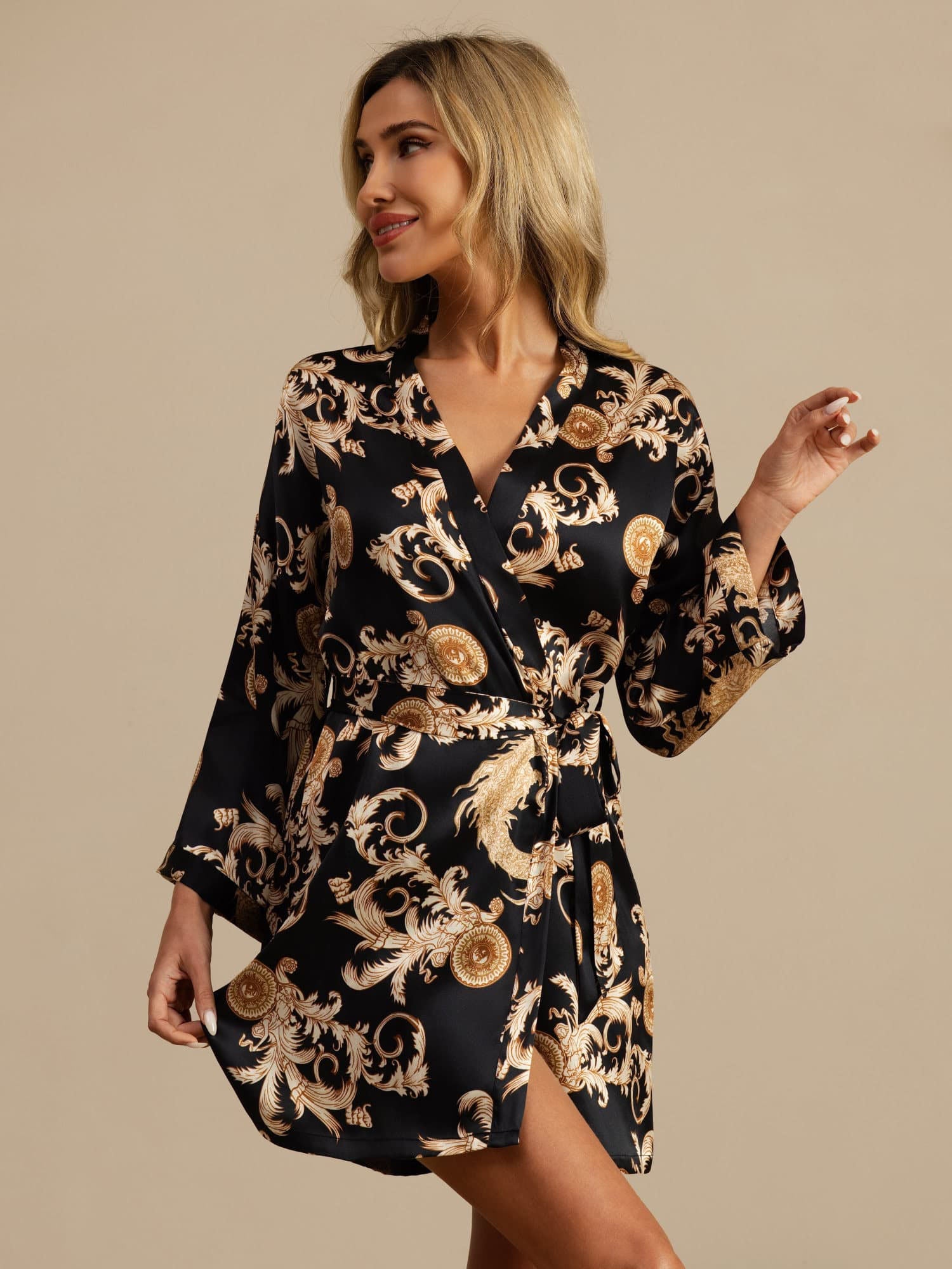 [Black Dragon] SilkSilky-CA 3/4 Sleeve V Neck Women's Robe 003