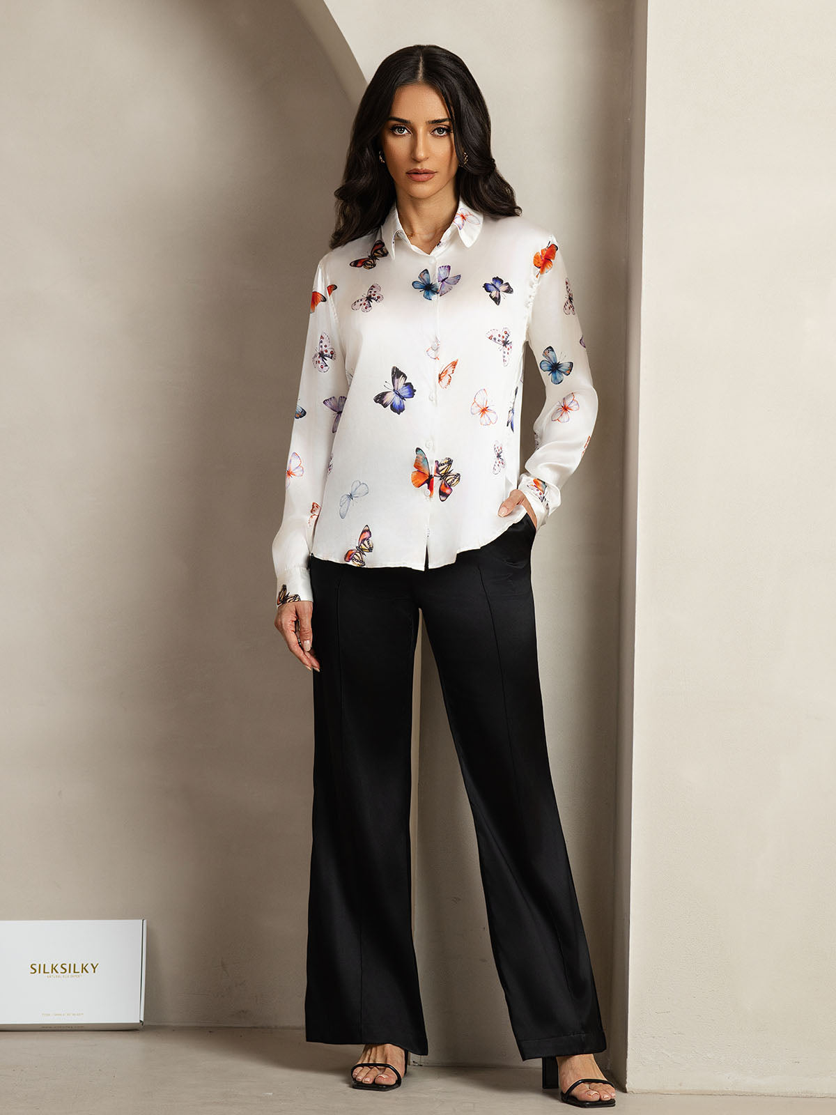 [White Butterfly] SilkSilky-CA Silk Lapel Collar Women's Shirt 003