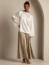 [White] SilkSilky-CA Long Sleeve Boat Neck Blouse 006