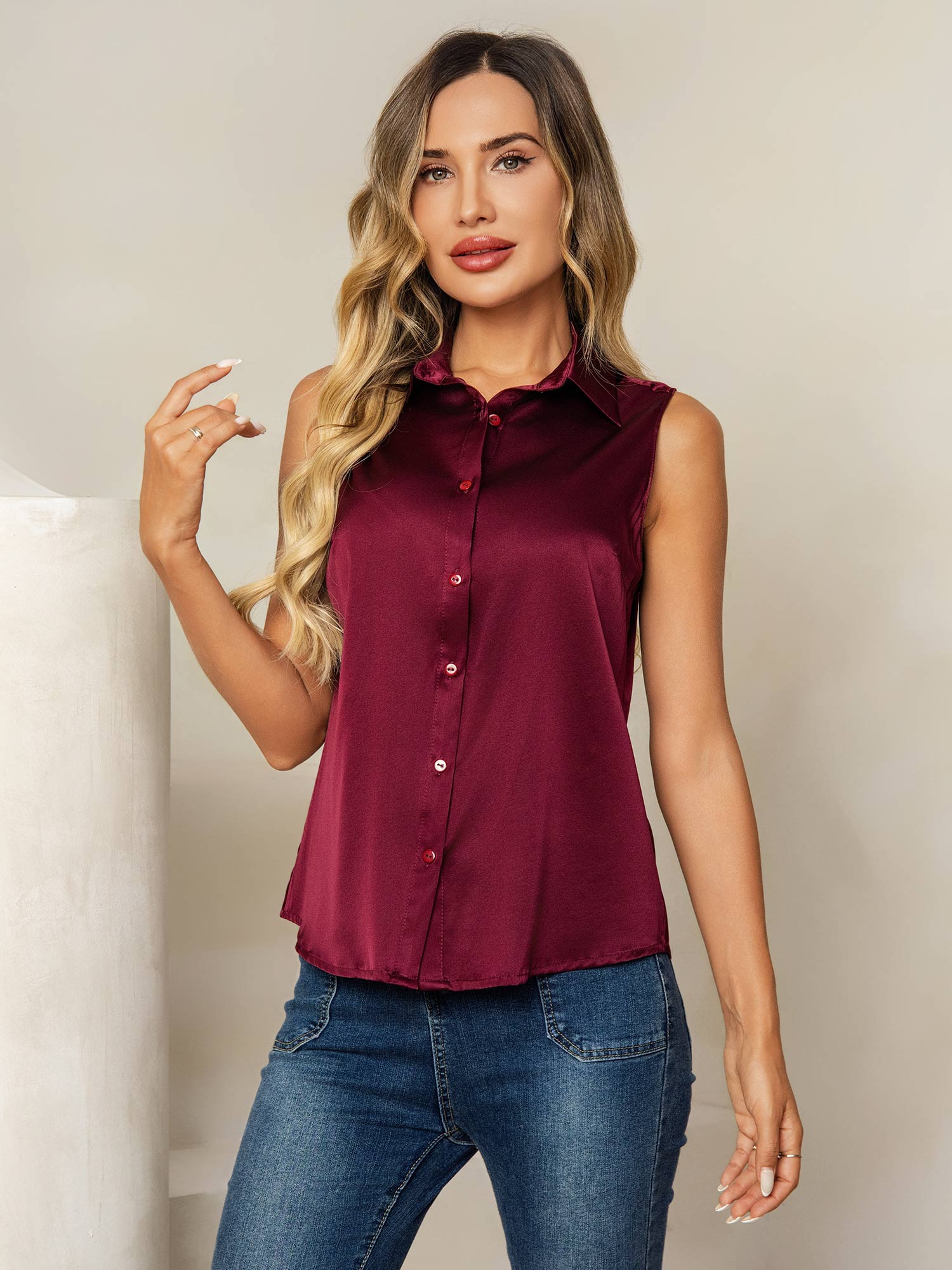 [Dark Red] SilkSilky-CA 19Momme Silk Lapel Collar Women's Shirt 001