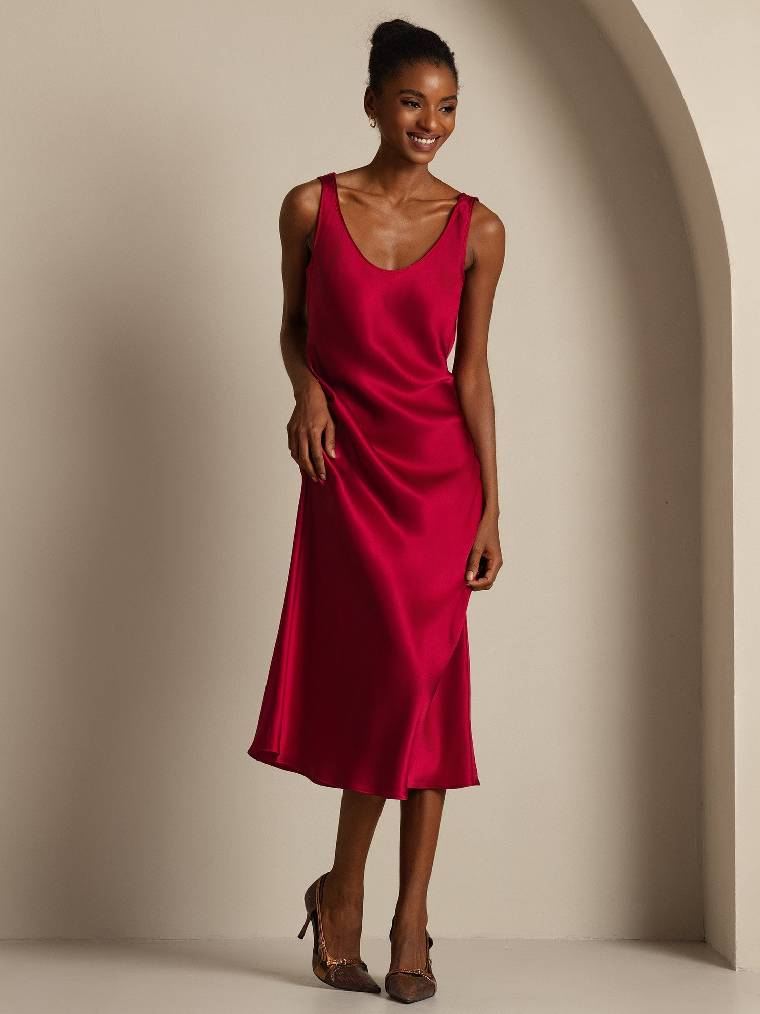 [Wine] SilkSilky-CA Pure Silk Boat Neck Dress 003,