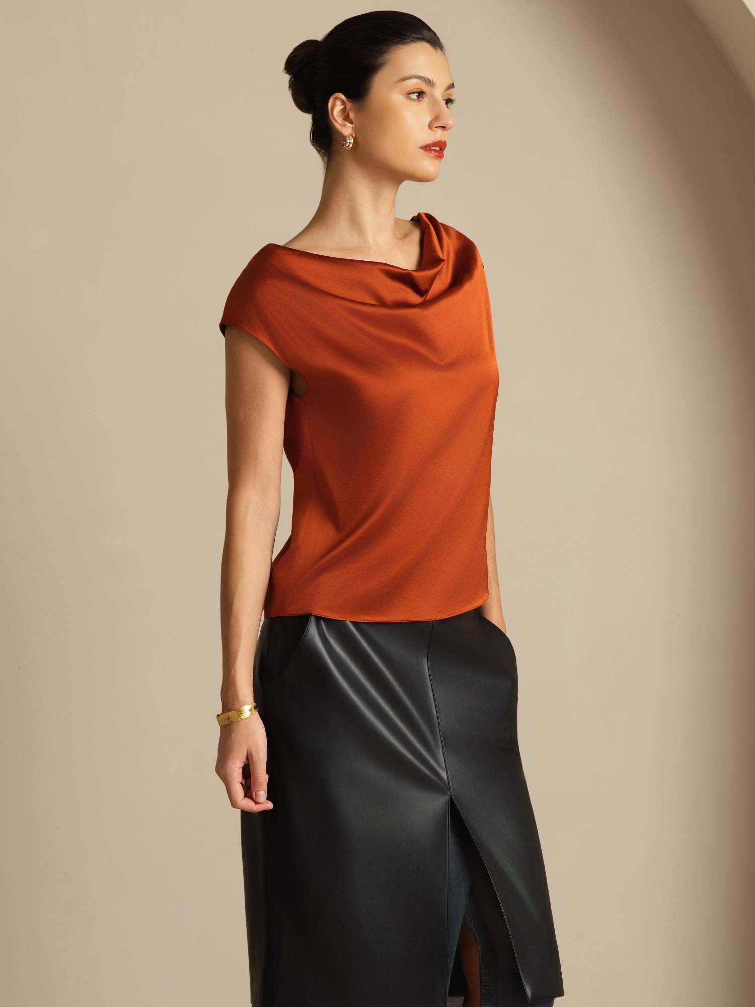 [Caramel] SilkSilky-CA 19Momme Silk Cap Sleeve Cowl Neck Women's T-Shirt 006