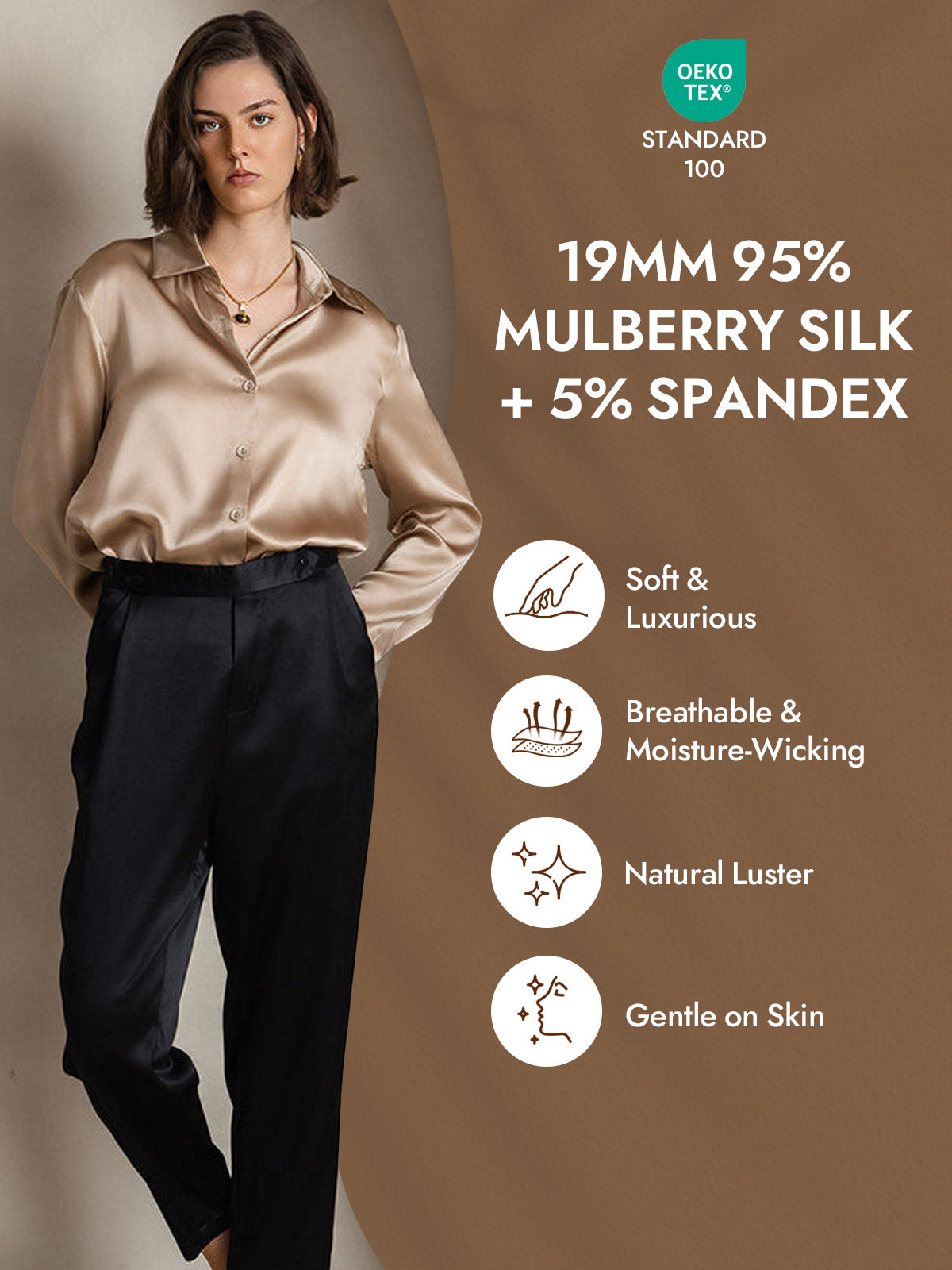 [Champagne] SilkSilky-CA Silk Long Sleeve Lapel Collar Women's Shirt 004