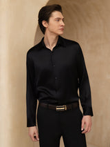 [Black] SilkSilky-CA 19Momme Stretch Silk Charmeuse Long Sleeve Lapel Collar Men's Shirt 004
