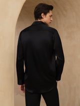 [Black] SilkSilky-CA 19Momme Stretch Silk Charmeuse Long Sleeve Lapel Collar Men's Shirt 002