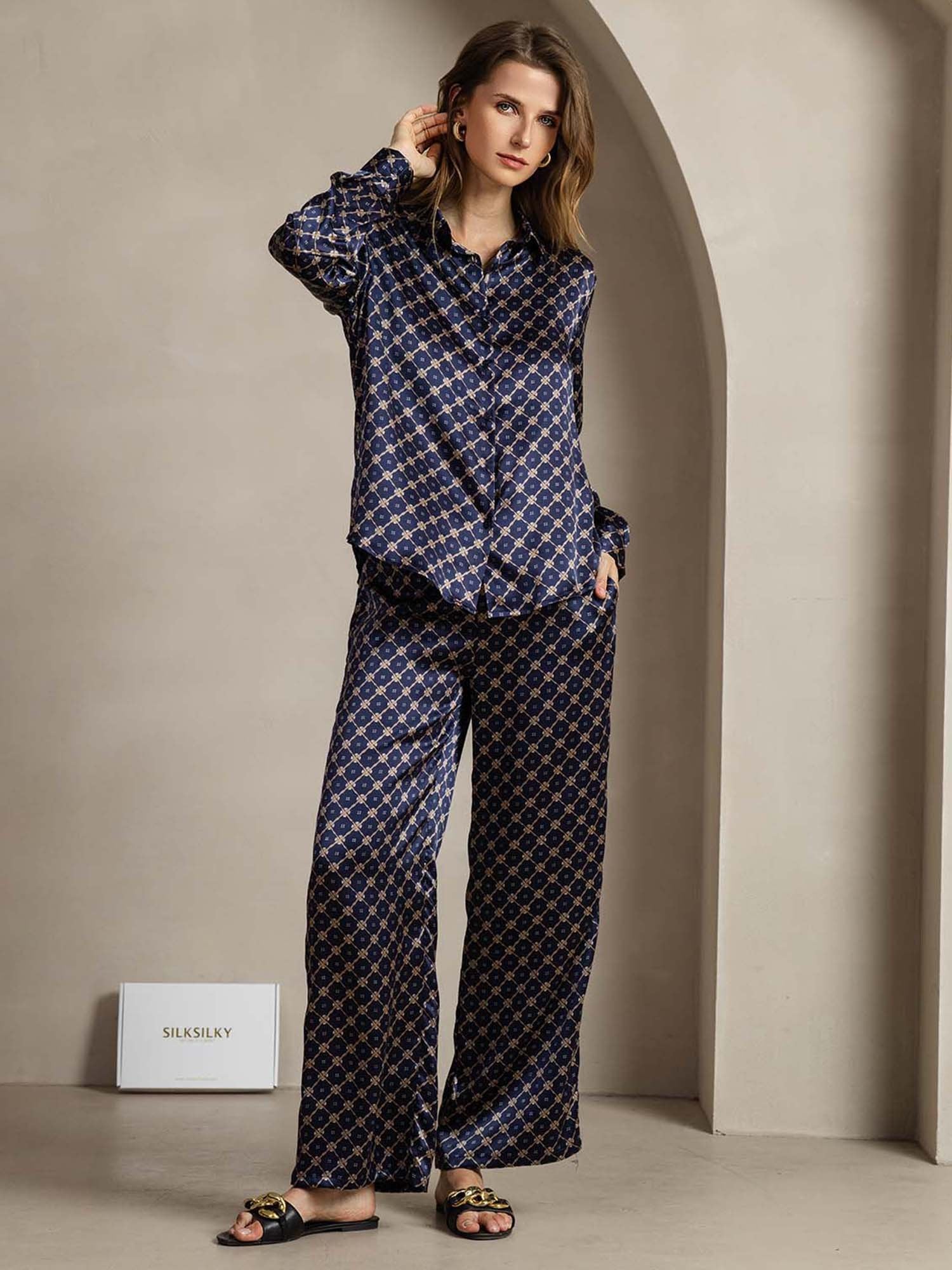 [NavyChain] SilkSilky-CA 19Momme Silk Lapel Collar Women''s Outfit Sets 003