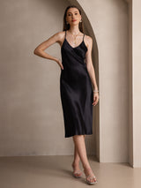 [Black] SilkSilky-CA Pure Silk Sleeveless V Neck Dress 001