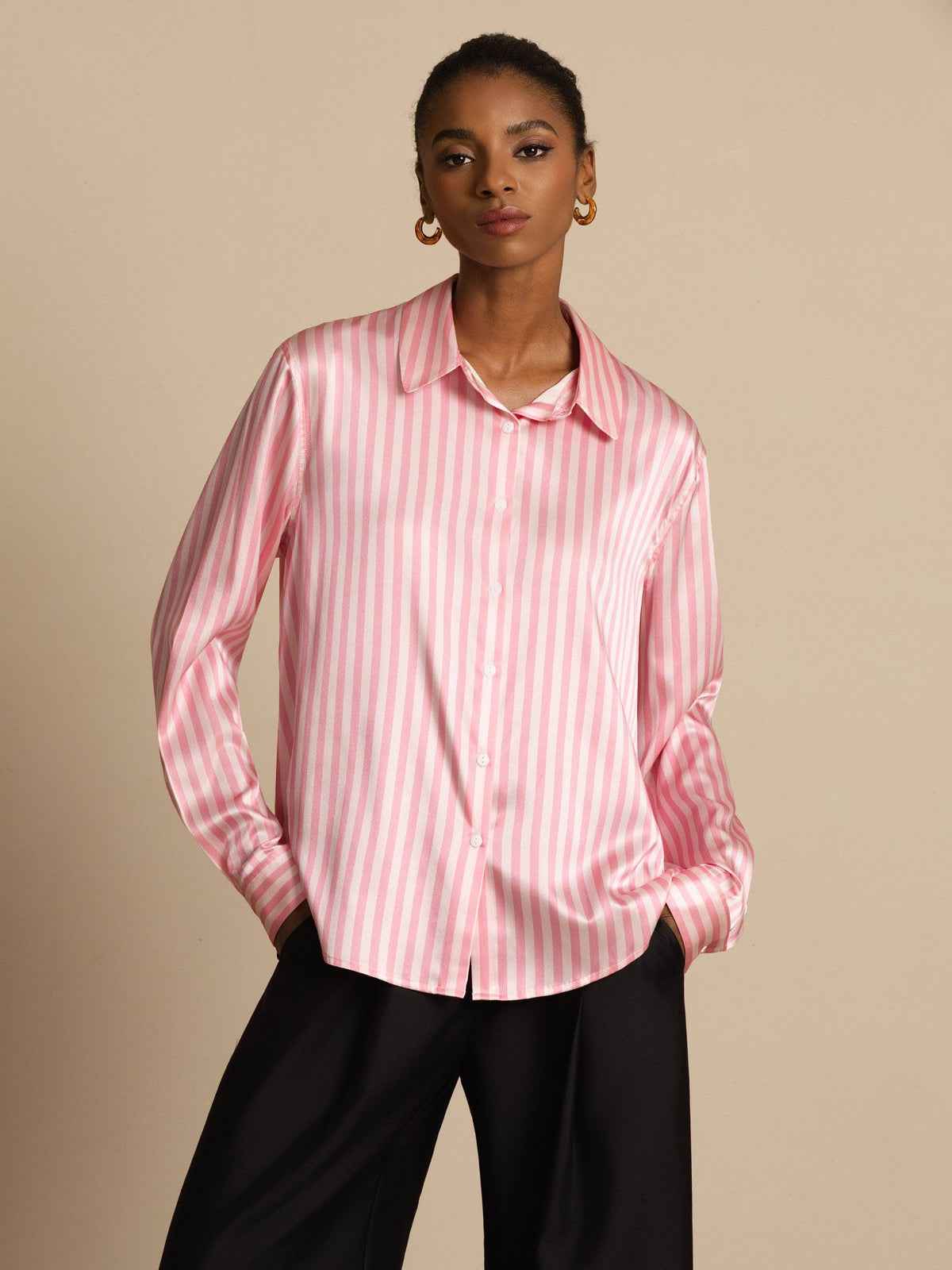 [Pink Stripe] SilkSilky-CA Long Sleeve Lapel Collar Women's Shirt 001