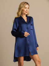 [Dark Blue] SilkSilky-CA Long Sleeve Lapel Collar Nightshirt 008