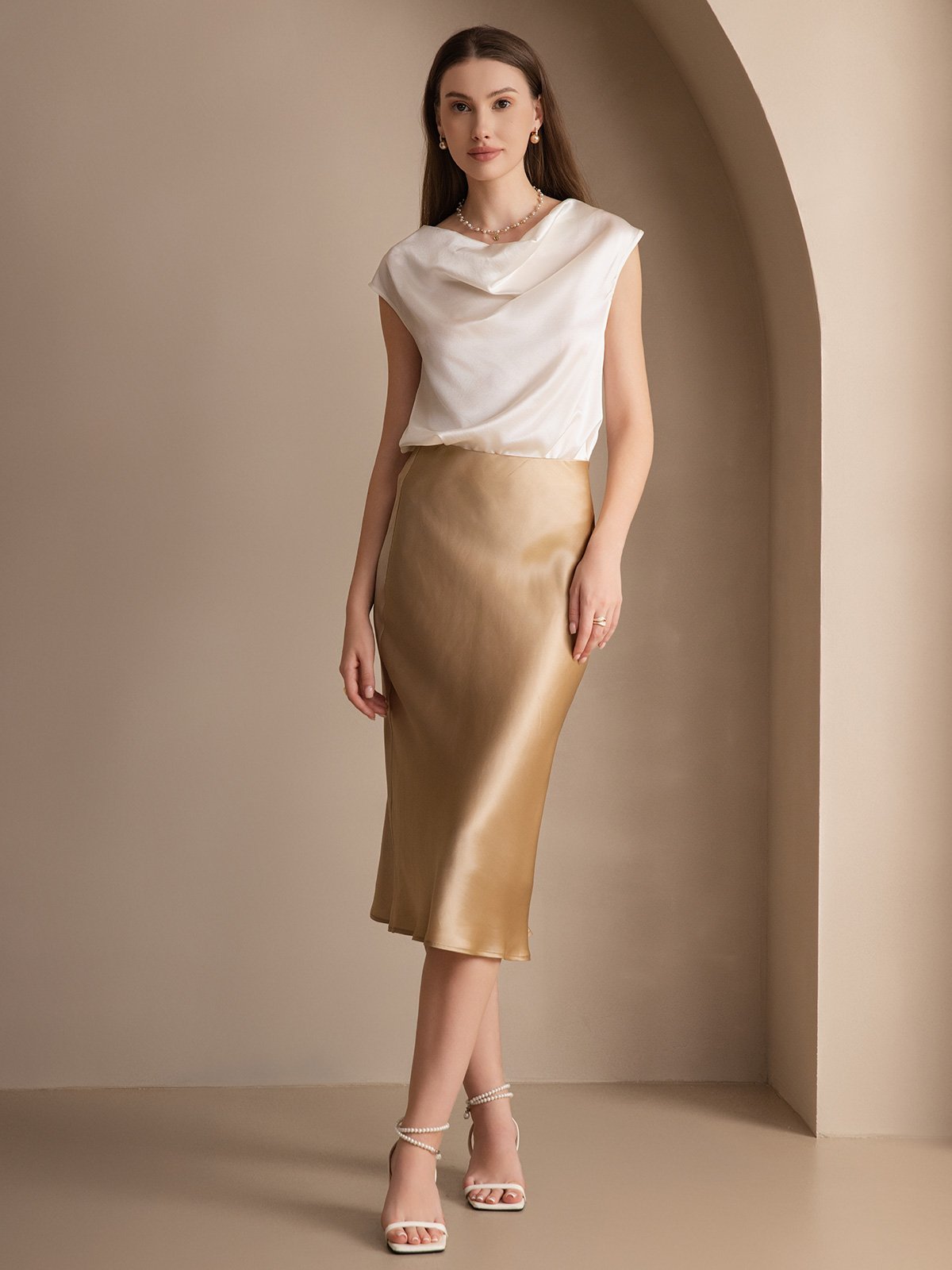 [White] SilkSilky-CA 19Momme Silk Cap Sleeve Cowl Neck Women's T-Shirt 006