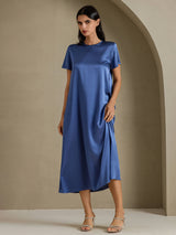 [Real Teal] SilkSilky-CA Short Sleeve Crew Neck Dress 007