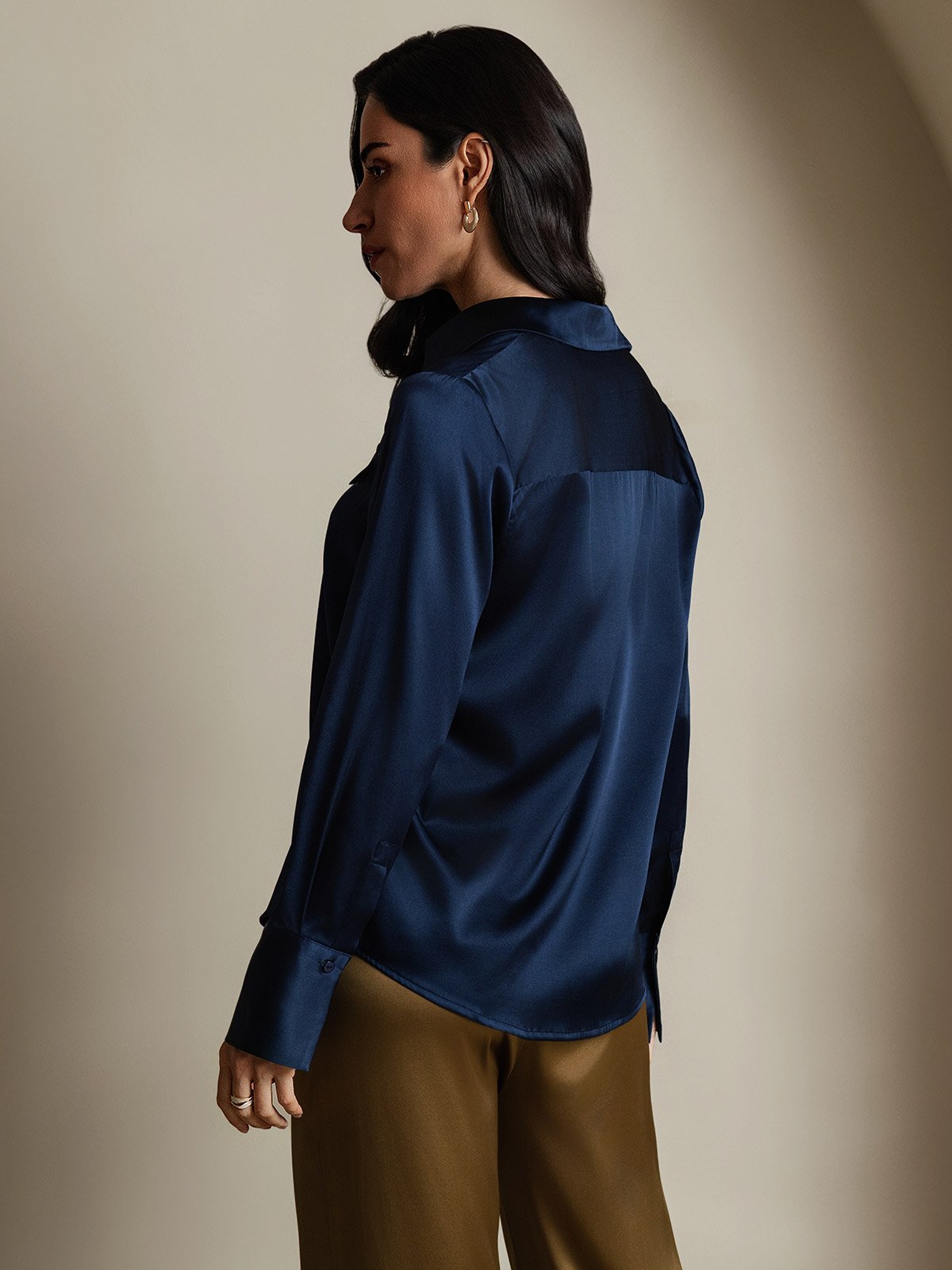 SilkSilky-CA 19Momme Silk Long Sleeve Collar Women's Shirt DarkBlue 002