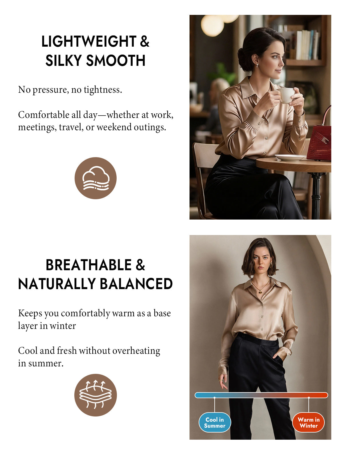 [Champagne] SilkSilky-CA Silk Long Sleeve Lapel Collar Women's Shirt 004