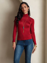 [Wine] SilkSilky-CA Silk Jersey Long Sleeve Turtle Neck Women's T-Shirt 004