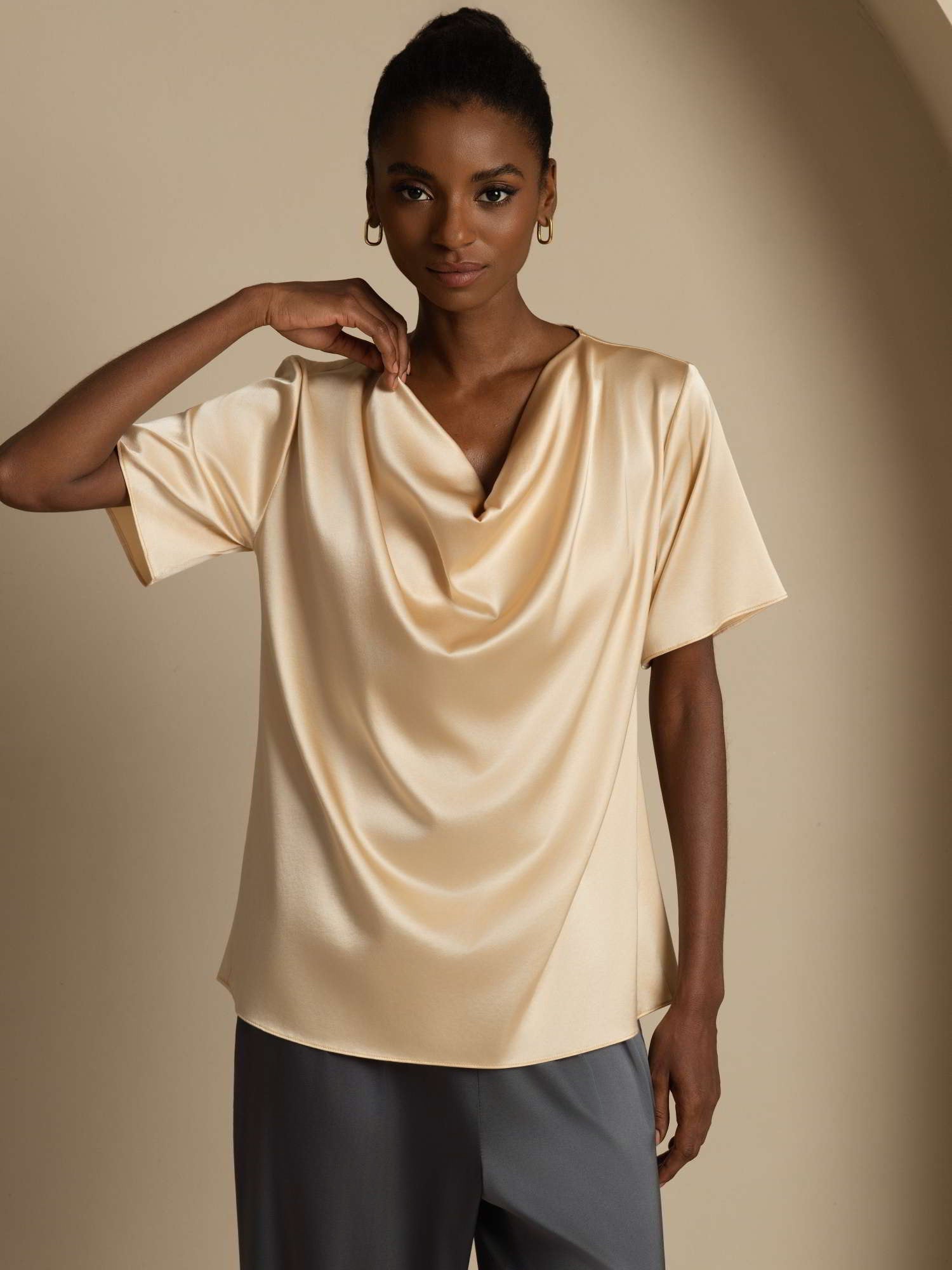 [Champagne] SilkSilky-CA 19Momme Silk Short Sleeve Cowl Neck Blouse 005