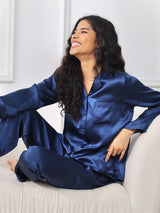 [Dark Blue] SilkSilky-CA Long Sleeve Lapel Collar Women's Pajamas 001
