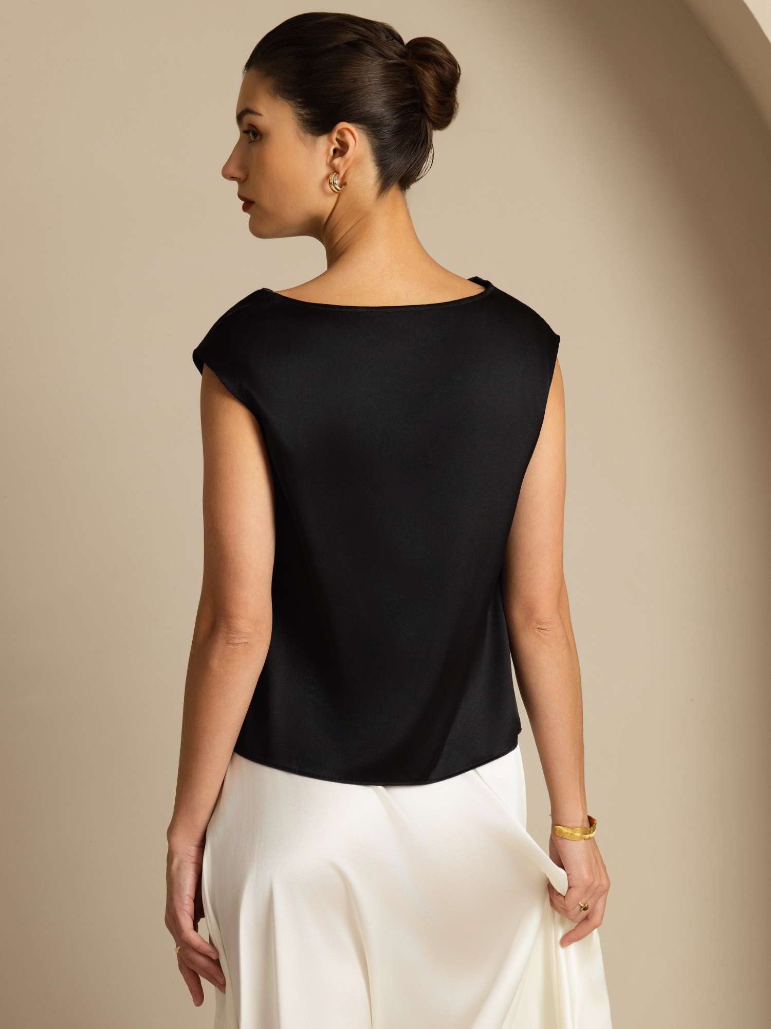 [Black] SilkSilky-CA 19Momme Silk Cap Sleeve Cowl Neck Women's T-Shirt 003