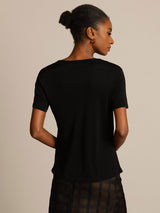 [Black] SilkSilky-CA 100% Silk Jersey Short Sleeve Round Neck Women's T-Shirt 002