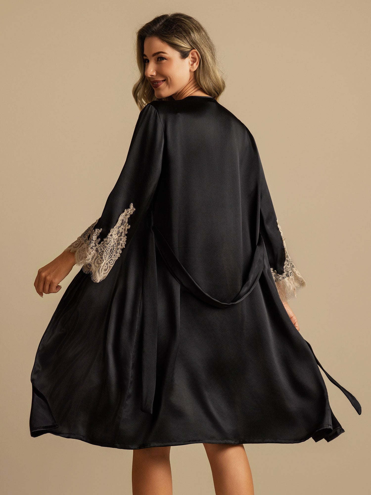 [Black] SilkSilky-CA 3/4 Sleeve V Neck Nightgown&Robe Set 002