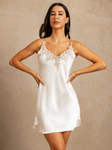 [White] SilkSilky-CA Spaghetti Strap V Neck Nightgown 003