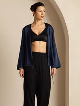 [Dark Blue] SilkSilky-CA 19Momme Stretch Silk Charmeuse Long Sleeve Women's Outerwear 005