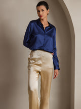 [Dark Blue] SilkSilky-CA Long Sleeve Lapel Collar Women's Shirt 001