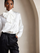 [White] SilkSilky-CA Long Sleeve High Neck Blouse 006
