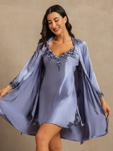 [Steel Blue] SilkSilky-CA 3/4 Sleeve V Neck Nightgown&Robe Set 001