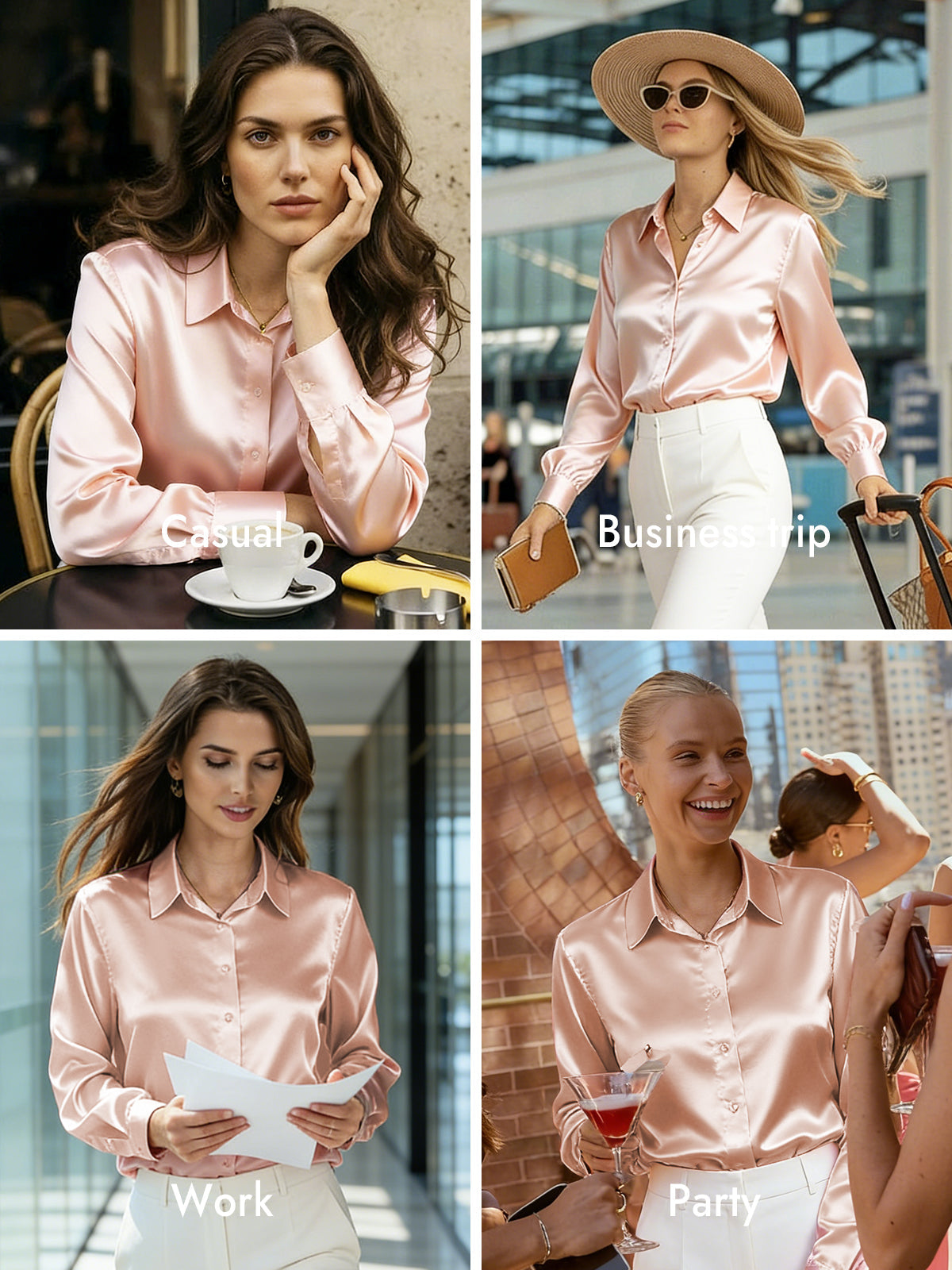 [Light Pink] SilkSilky-CA Silk Long Sleeve Lapel Collar Women's Shirt 010