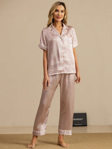 [Pink Heart Geo] SilkSilky-CA Short Sleeve Lapel Collar Women's Pajamas 007