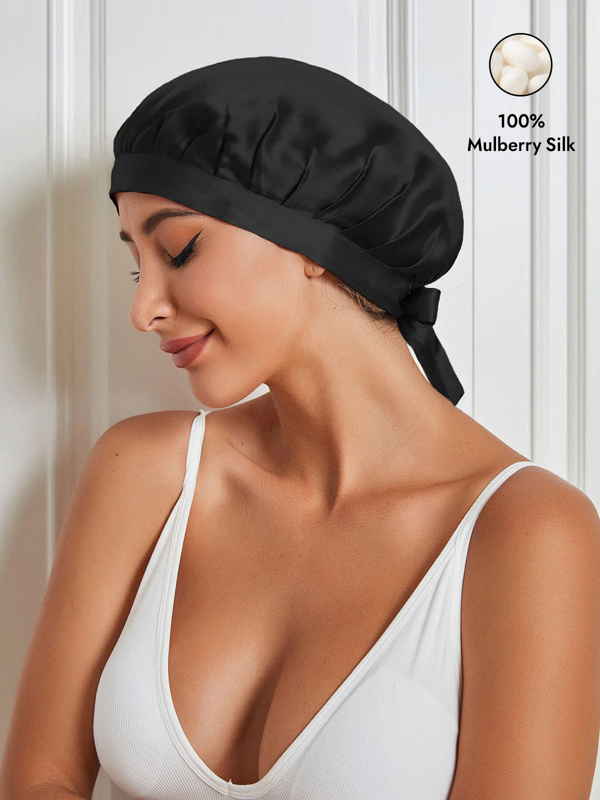 [Black] SilkSilky-CA Pure Silk Sleep Cap 001