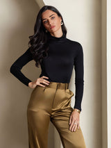 [Black] SilkSilky-CA Silk Jersey Long Sleeve Turtle Neck Women's T-Shirt 001
